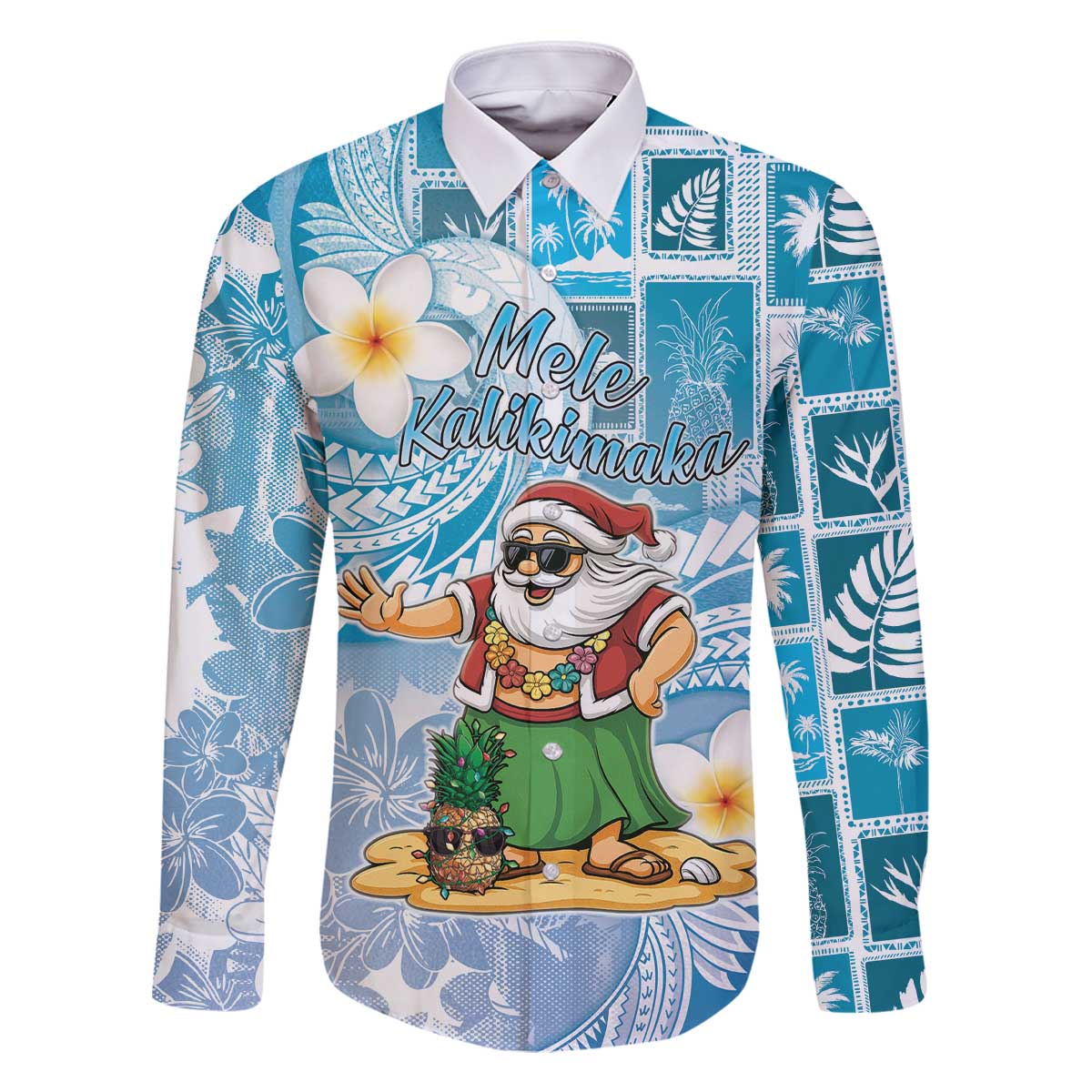 Hawaii Mele Kalikimaka Family Matching Off The Shoulder Long Sleeve Dress and Hawaiian Shirt Hula Santa Retro Style Blue - Polynesian Pride