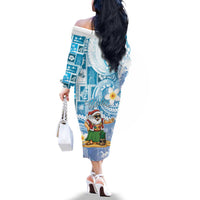 Hawaii Mele Kalikimaka Family Matching Off The Shoulder Long Sleeve Dress and Hawaiian Shirt Hula Santa Retro Style Blue - Polynesian Pride