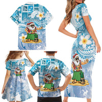 Hawaii Mele Kalikimaka Family Matching Short Sleeve Bodycon Dress and Hawaiian Shirt Hula Santa Retro Style Blue - Polynesian Pride
