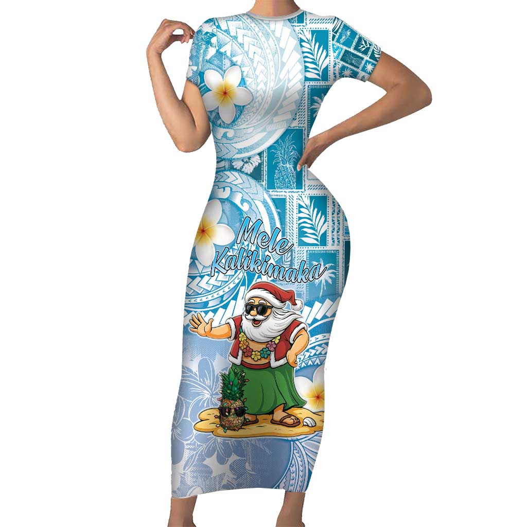 Hawaii Mele Kalikimaka Family Matching Short Sleeve Bodycon Dress and Hawaiian Shirt Hula Santa Retro Style Blue - Polynesian Pride