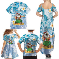 Hawaii Mele Kalikimaka Family Matching Summer Maxi Dress and Hawaiian Shirt Hula Santa Retro Style Blue - Polynesian Pride