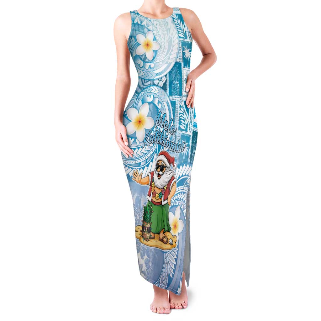 Hawaii Mele Kalikimaka Family Matching Tank Maxi Dress and Hawaiian Shirt Hula Santa Retro Style Blue - Polynesian Pride