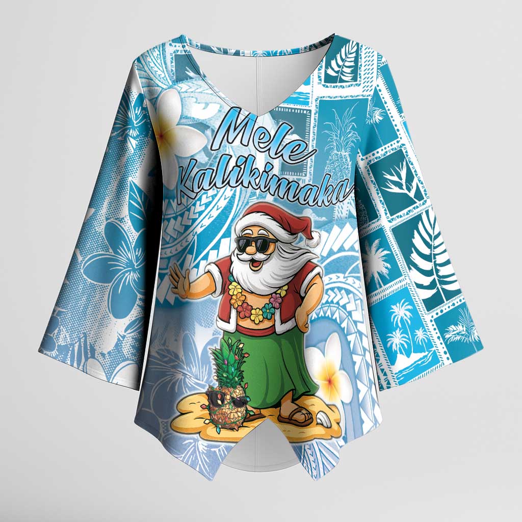 Hawaii Mele Kalikimaka Kimono Sleeve Blouse Hula Santa Retro Style Blue - Polynesian Pride