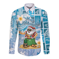Hawaii Mele Kalikimaka Long Sleeve Button Shirt Hula Santa Retro Style Blue - Polynesian Pride