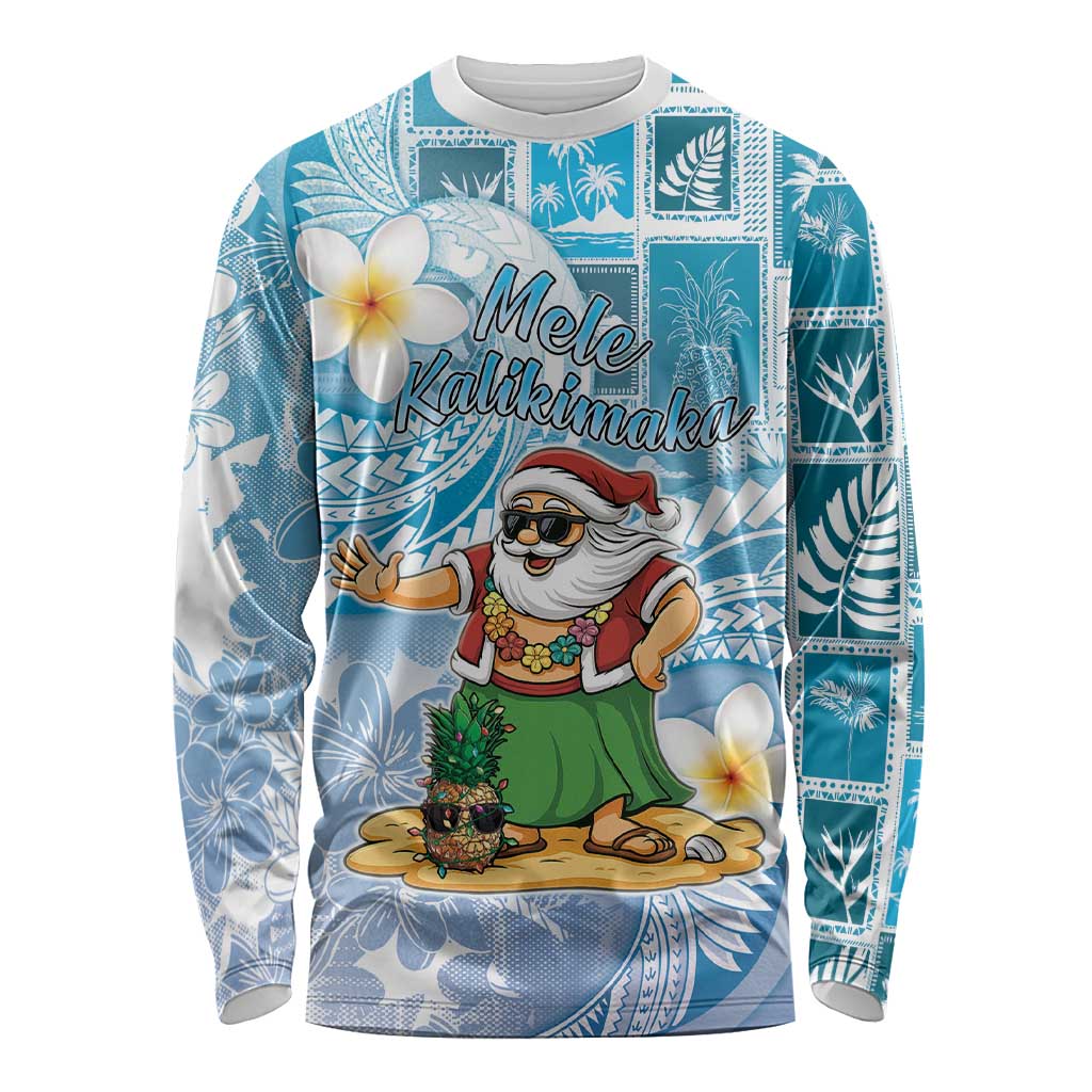 Hawaii Mele Kalikimaka Long Sleeve Shirt Hula Santa Retro Style Blue - Polynesian Pride