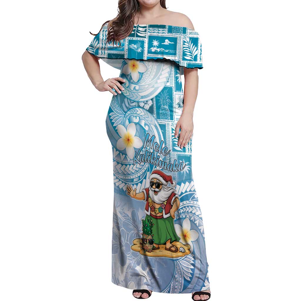 Hawaii Mele Kalikimaka Off Shoulder Maxi Dress Hula Santa Retro Style Blue - Polynesian Pride
