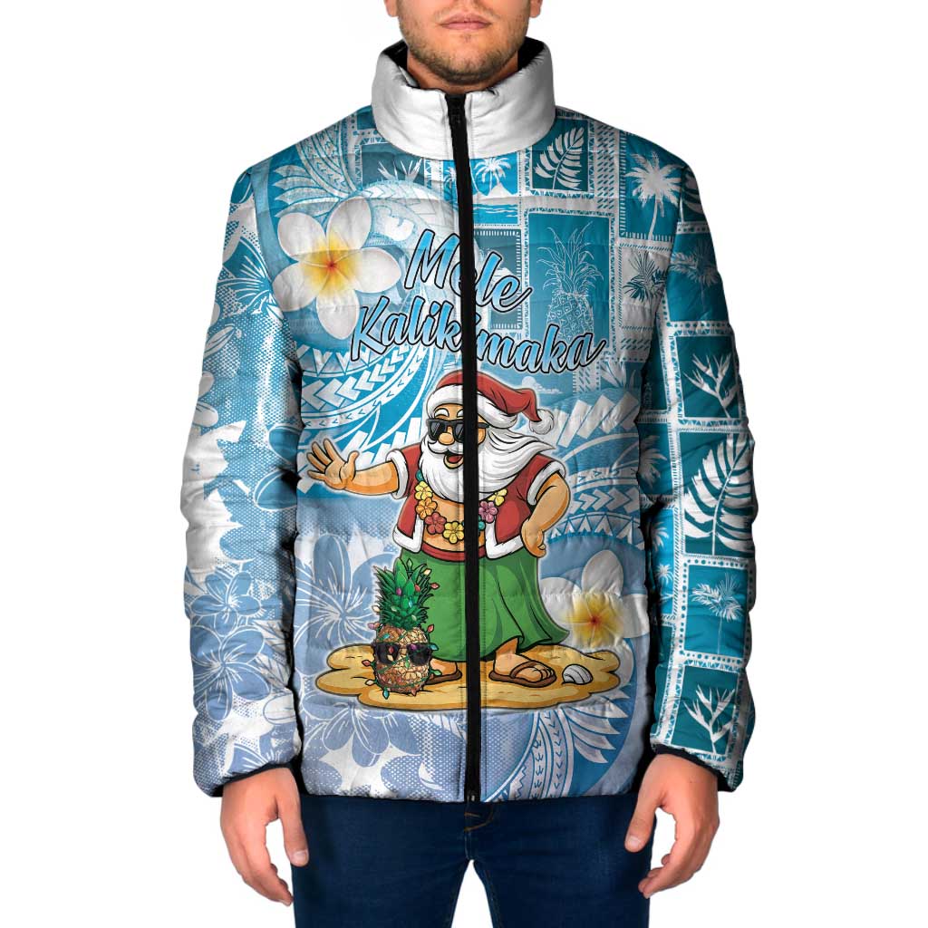 Hawaii Mele Kalikimaka Padded Jacket Hula Santa Retro Style Blue - Polynesian Pride