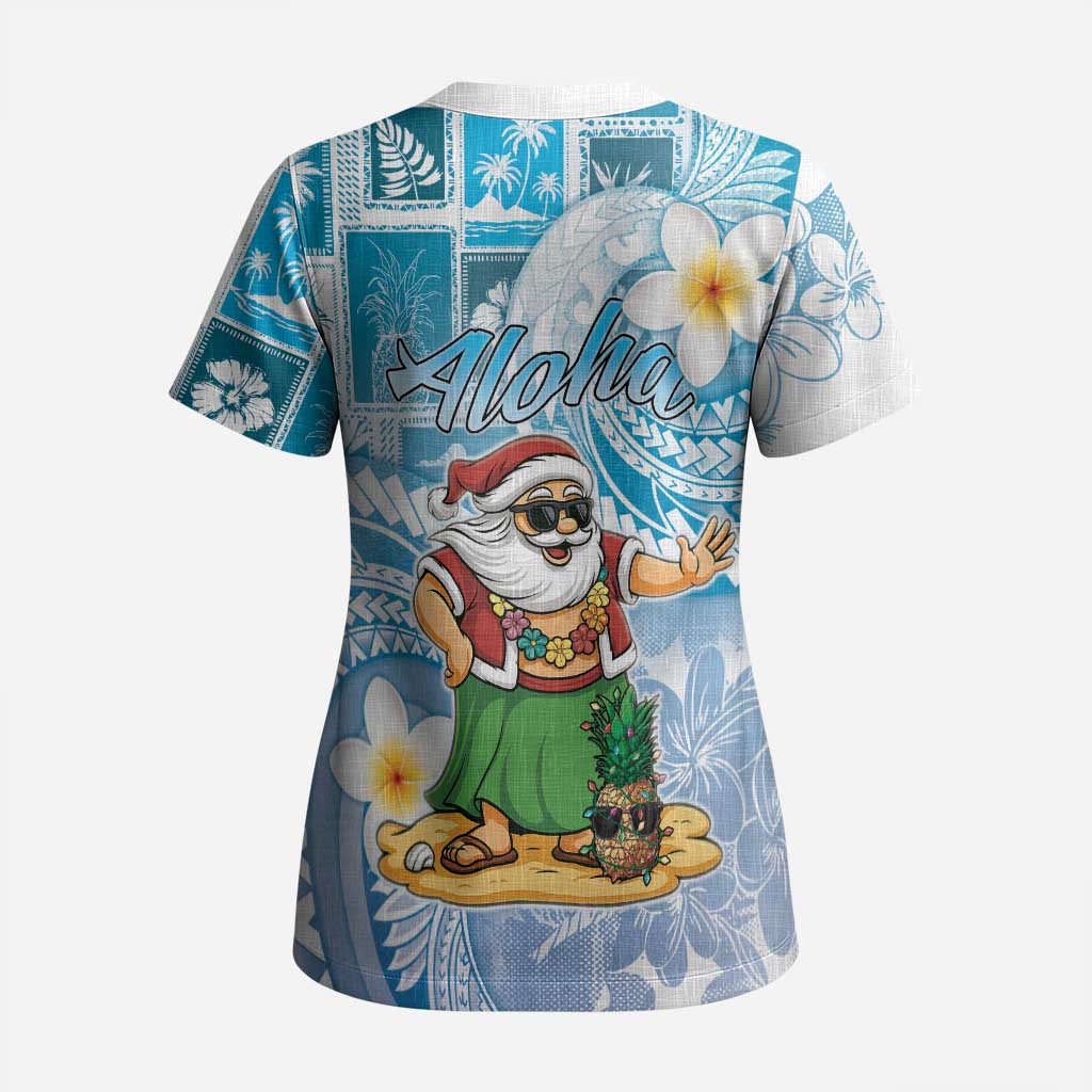 Hawaii Mele Kalikimaka Scrub Top Hula Santa Retro Style Blue - Polynesian Pride
