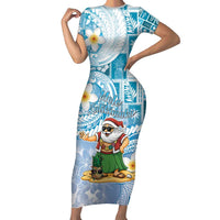 Hawaii Mele Kalikimaka Short Sleeve Bodycon Dress Hula Santa Retro Style Blue - Polynesian Pride