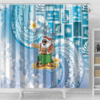 Hawaii Mele Kalikimaka Shower Curtain Hula Santa Retro Style Blue - Polynesian Pride