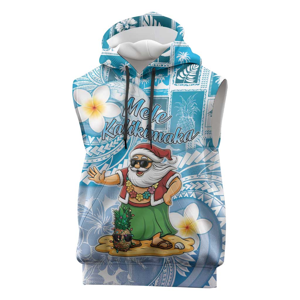 Hawaii Mele Kalikimaka Sleeveless Hoodie Hula Santa Retro Style Blue - Polynesian Pride