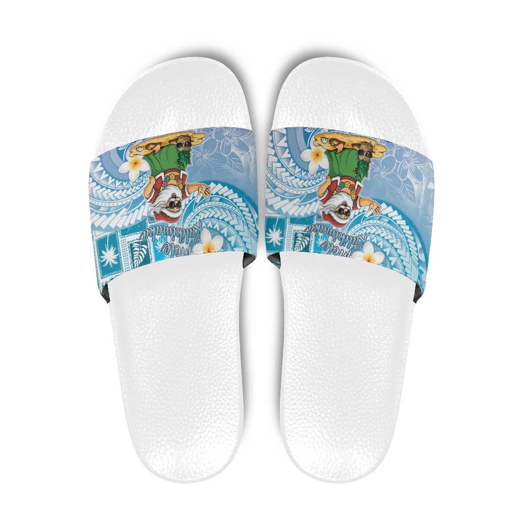 Hawaii Mele Kalikimaka Slide Sandals Hula Santa Retro Style Blue - Polynesian Pride