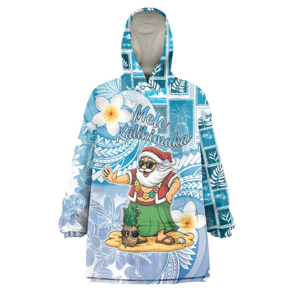 Hawaii Mele Kalikimaka Wearable Blanket Hoodie Hula Santa Retro Style Blue - Polynesian Pride
