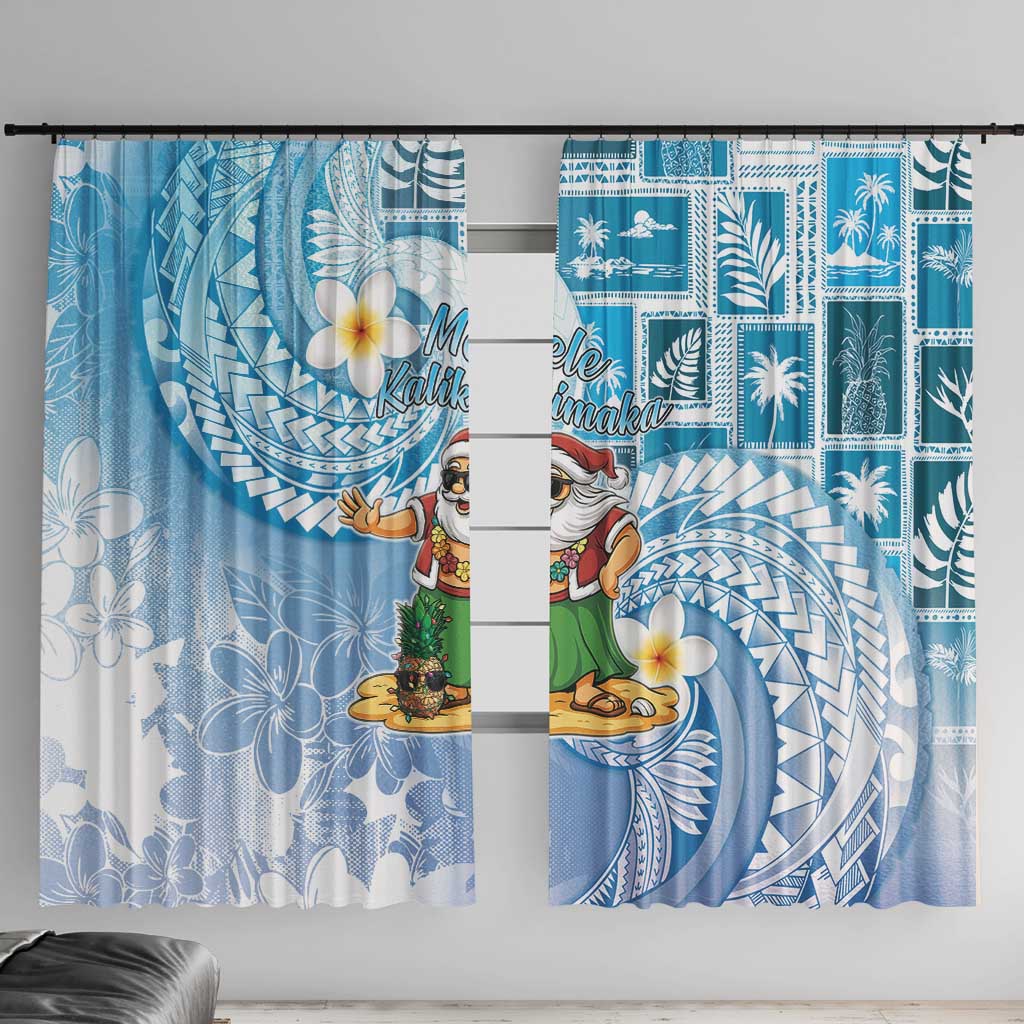 Hawaii Mele Kalikimaka Window Curtain Hula Santa Retro Style Blue - Polynesian Pride