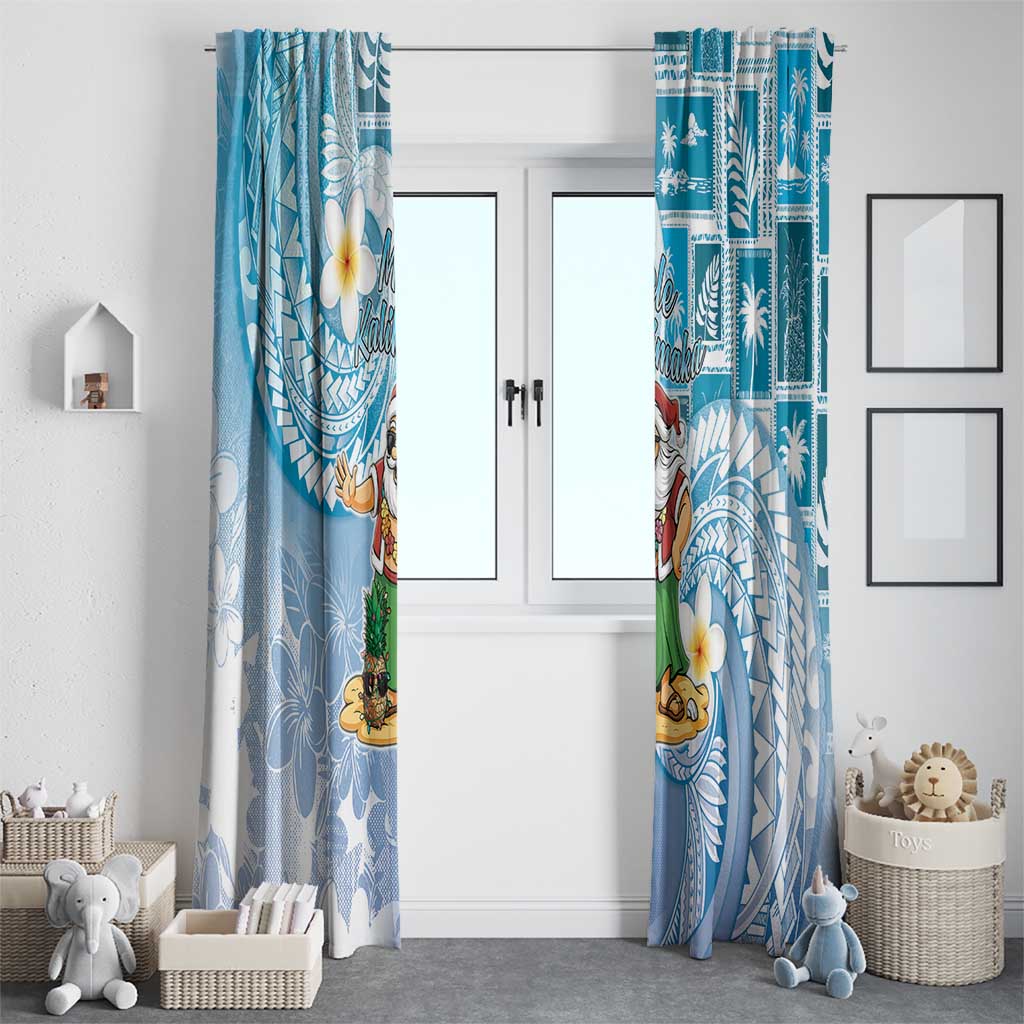 Hawaii Mele Kalikimaka Window Curtain Hula Santa Retro Style Blue - Polynesian Pride