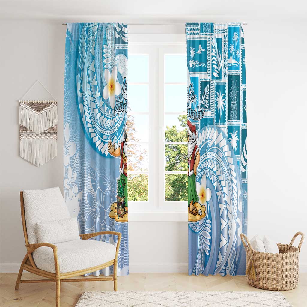 Hawaii Mele Kalikimaka Window Curtain Hula Santa Retro Style Blue - Polynesian Pride