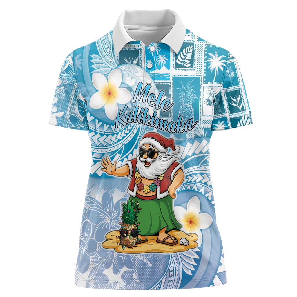 Hawaii Mele Kalikimaka Women Polo Shirt Hula Santa Retro Style Blue - Polynesian Pride