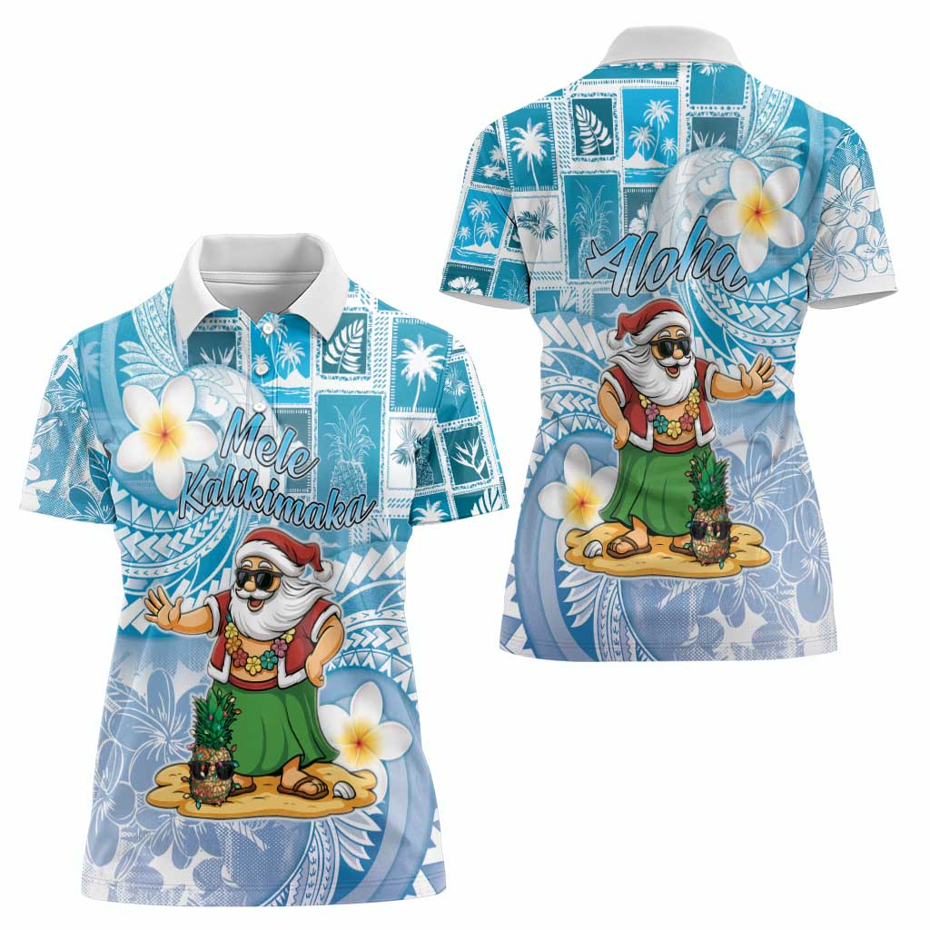 Hawaii Mele Kalikimaka Women Polo Shirt Hula Santa Retro Style Blue - Polynesian Pride
