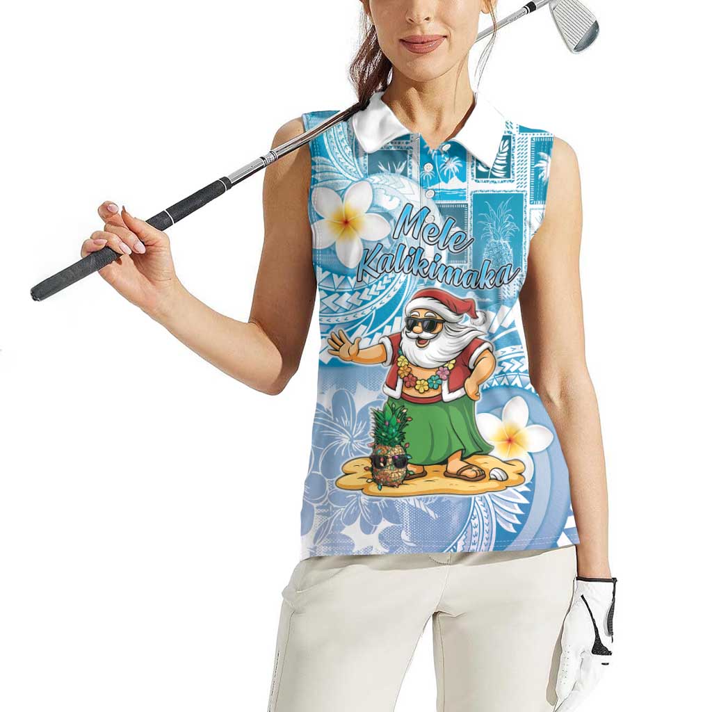 Hawaii Mele Kalikimaka Women Sleeveless Polo Shirt Hula Santa Retro Style Blue - Polynesian Pride