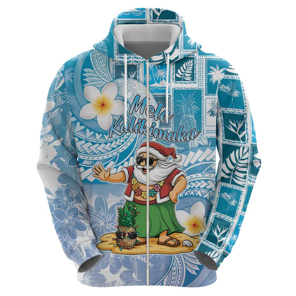 Hawaii Mele Kalikimaka Zip Hoodie Hula Santa Retro Style Blue - Polynesian Pride