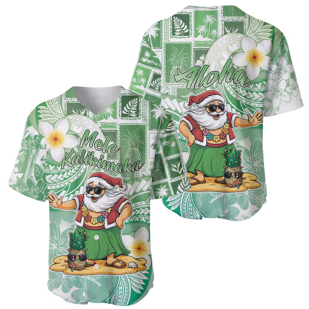Hawaii Mele Kalikimaka Baseball Jersey Hula Santa Retro Style Green - Polynesian Pride