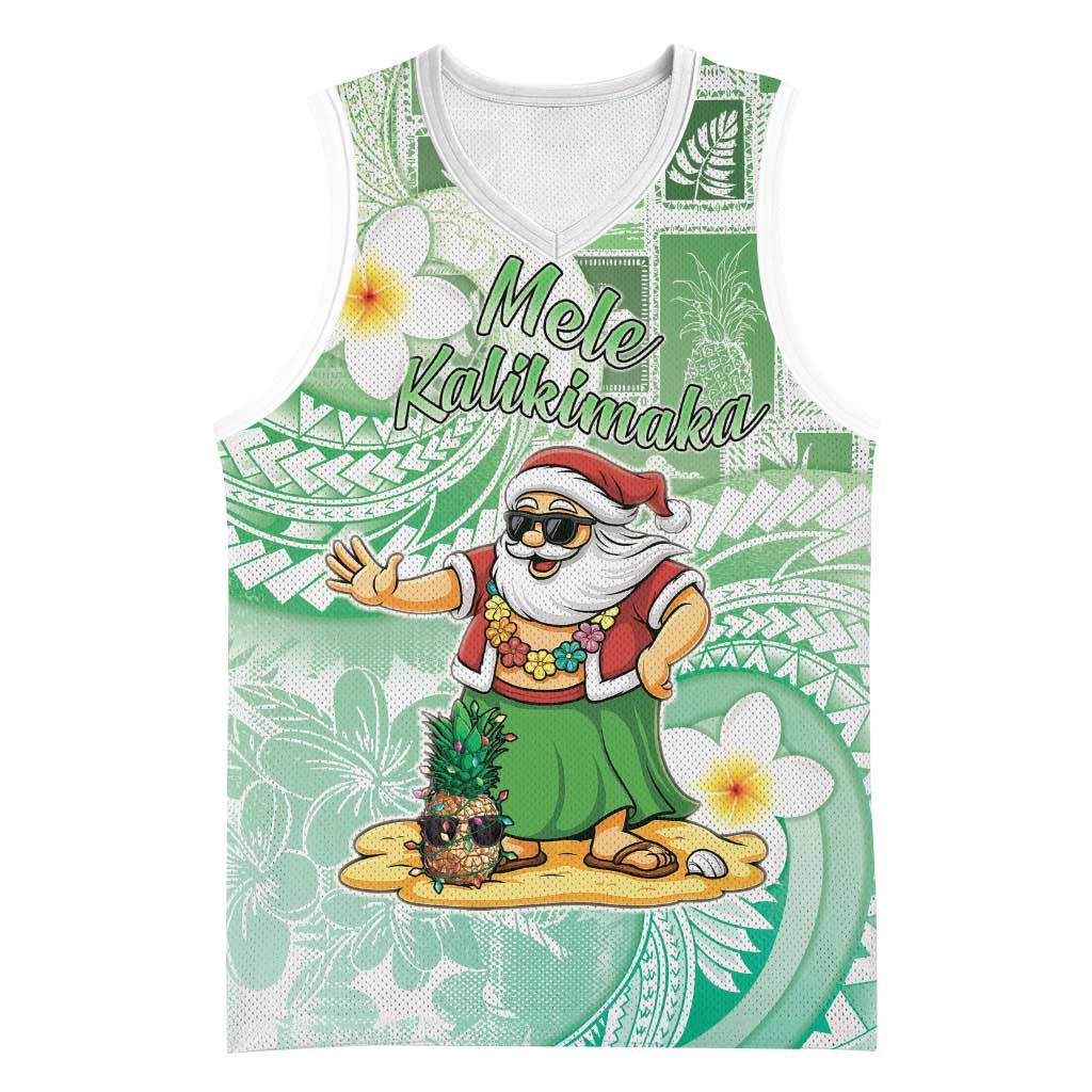 Hawaii Mele Kalikimaka Basketball Jersey Hula Santa Retro Style Green - Polynesian Pride