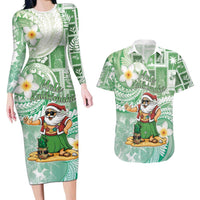 Hawaii Mele Kalikimaka Couples Matching Long Sleeve Bodycon Dress and Hawaiian Shirt Hula Santa Retro Style Green - Polynesian Pride