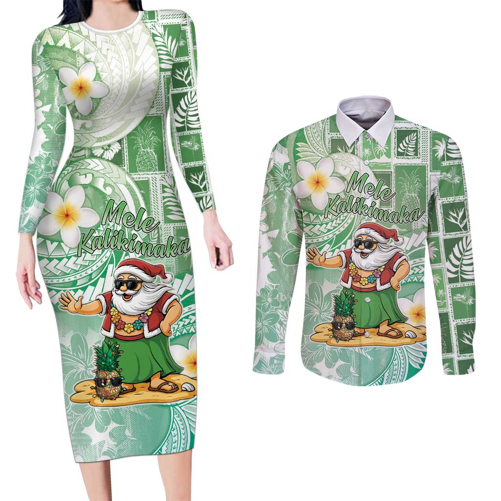 Hawaii Mele Kalikimaka Couples Matching Long Sleeve Bodycon Dress and Long Sleeve Button Shirt Hula Santa Retro Style Green - Polynesian Pride