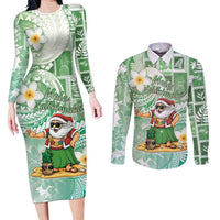 Hawaii Mele Kalikimaka Couples Matching Long Sleeve Bodycon Dress and Long Sleeve Button Shirt Hula Santa Retro Style Green - Polynesian Pride