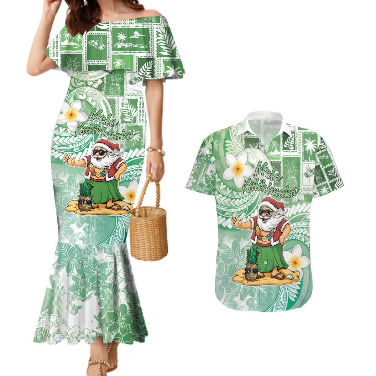 Hawaii Mele Kalikimaka Couples Matching Mermaid Dress and Hawaiian Shirt Hula Santa Retro Style Green LT05 Green - Polynesian Pride