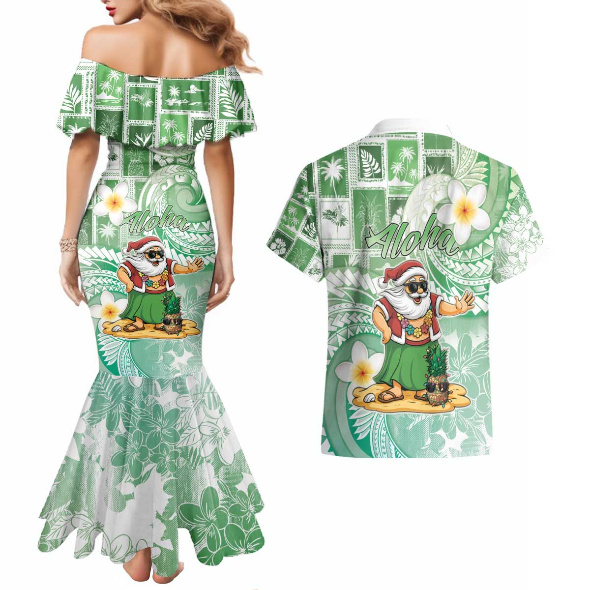 Hawaii Mele Kalikimaka Couples Matching Mermaid Dress and Hawaiian Shirt Hula Santa Retro Style Green LT05 - Polynesian Pride