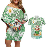 Hawaii Mele Kalikimaka Couples Matching Off Shoulder Short Dress and Hawaiian Shirt Hula Santa Retro Style Green - Polynesian Pride