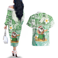 Hawaii Mele Kalikimaka Couples Matching Off The Shoulder Long Sleeve Dress and Hawaiian Shirt Hula Santa Retro Style Green - Polynesian Pride