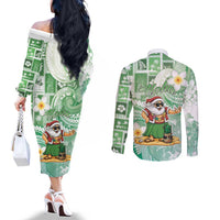 Hawaii Mele Kalikimaka Couples Matching Off The Shoulder Long Sleeve Dress and Long Sleeve Button Shirt Hula Santa Retro Style Green - Polynesian Pride