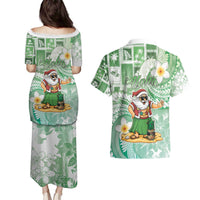 Hawaii Mele Kalikimaka Couples Matching Puletasi and Hawaiian Shirt Hula Santa Retro Style Green - Polynesian Pride