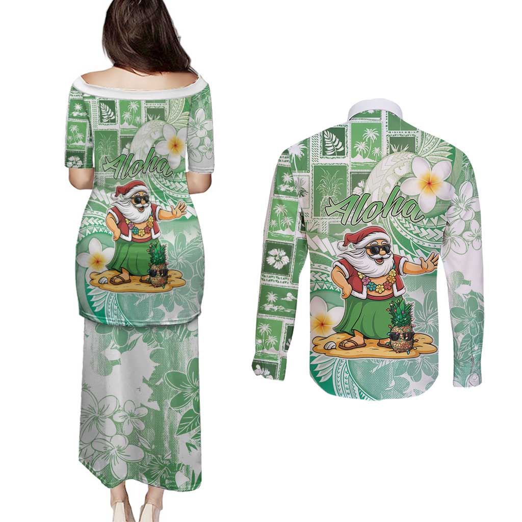 Hawaii Mele Kalikimaka Couples Matching Puletasi and Long Sleeve Button Shirt Hula Santa Retro Style Green - Polynesian Pride