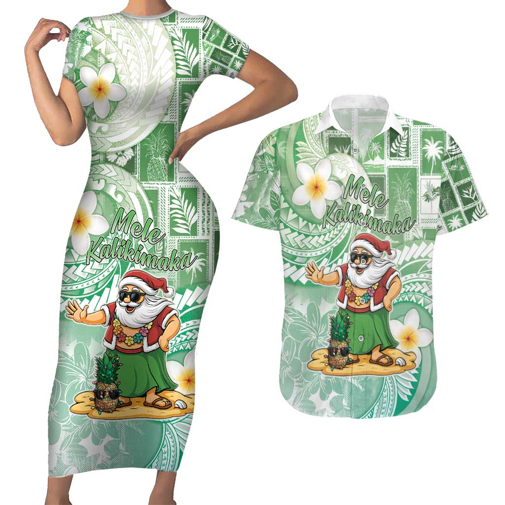 Hawaii Mele Kalikimaka Couples Matching Short Sleeve Bodycon Dress and Hawaiian Shirt Hula Santa Retro Style Green - Polynesian Pride