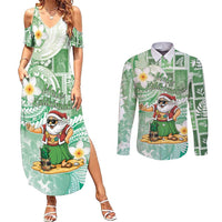 Hawaii Mele Kalikimaka Couples Matching Summer Maxi Dress and Long Sleeve Button Shirt Hula Santa Retro Style Green LT05 Green - Polynesian Pride