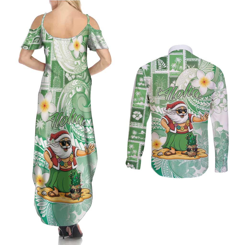 Hawaii Mele Kalikimaka Couples Matching Summer Maxi Dress and Long Sleeve Button Shirt Hula Santa Retro Style Green LT05 - Polynesian Pride