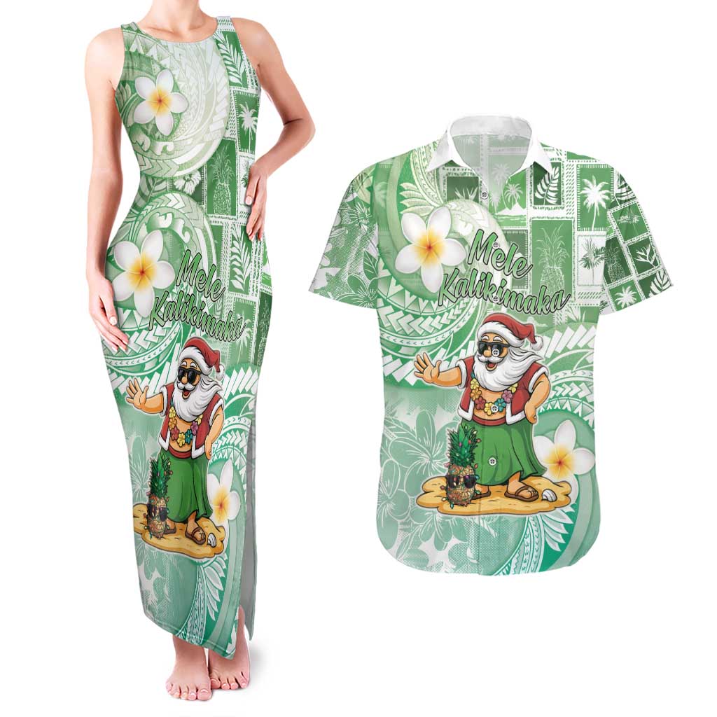 Hawaii Mele Kalikimaka Couples Matching Tank Maxi Dress and Hawaiian Shirt Hula Santa Retro Style Green - Polynesian Pride