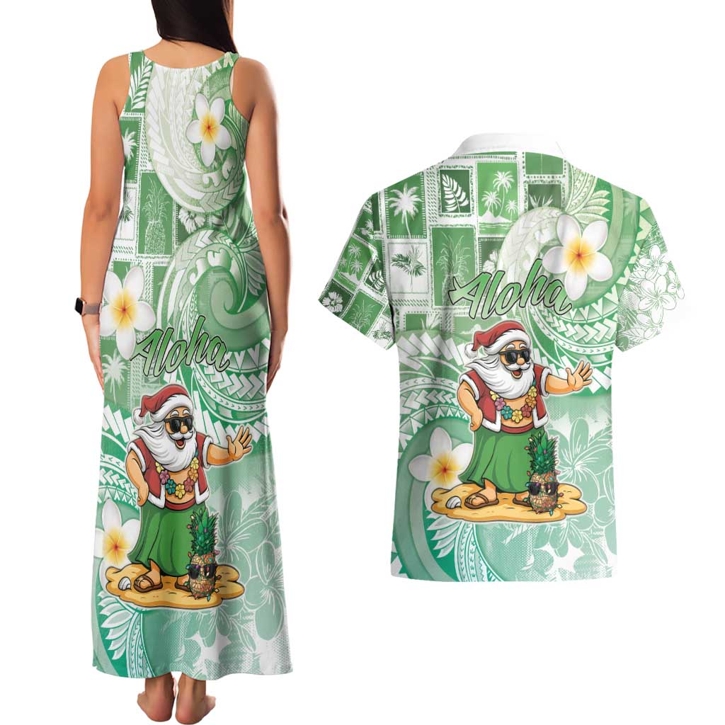 Hawaii Mele Kalikimaka Couples Matching Tank Maxi Dress and Hawaiian Shirt Hula Santa Retro Style Green - Polynesian Pride