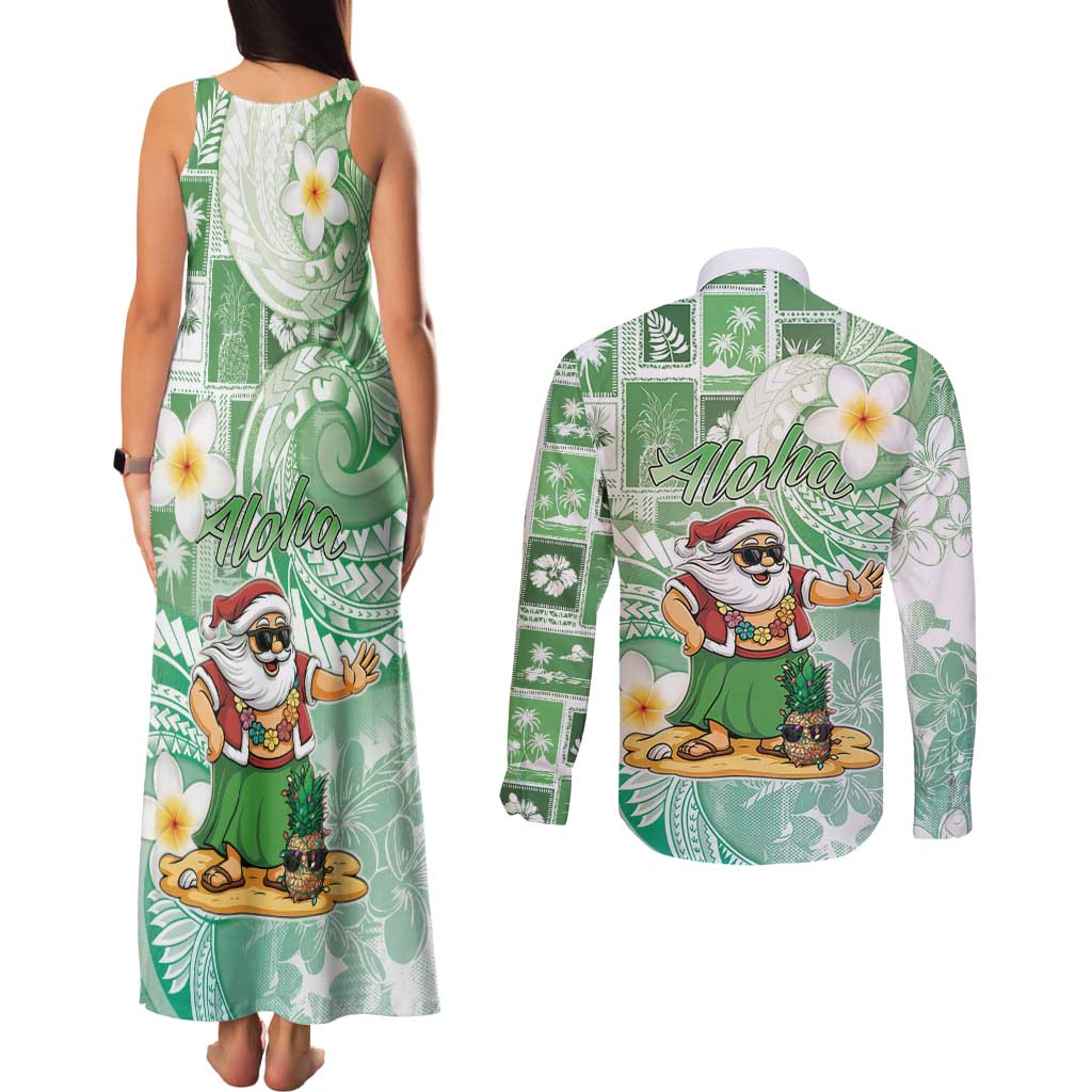 Hawaii Mele Kalikimaka Couples Matching Tank Maxi Dress and Long Sleeve Button Shirt Hula Santa Retro Style Green - Polynesian Pride