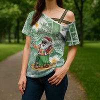 Hawaii Mele Kalikimaka Cross Shoulder Shirt Hula Santa Retro Style Green - Polynesian Pride