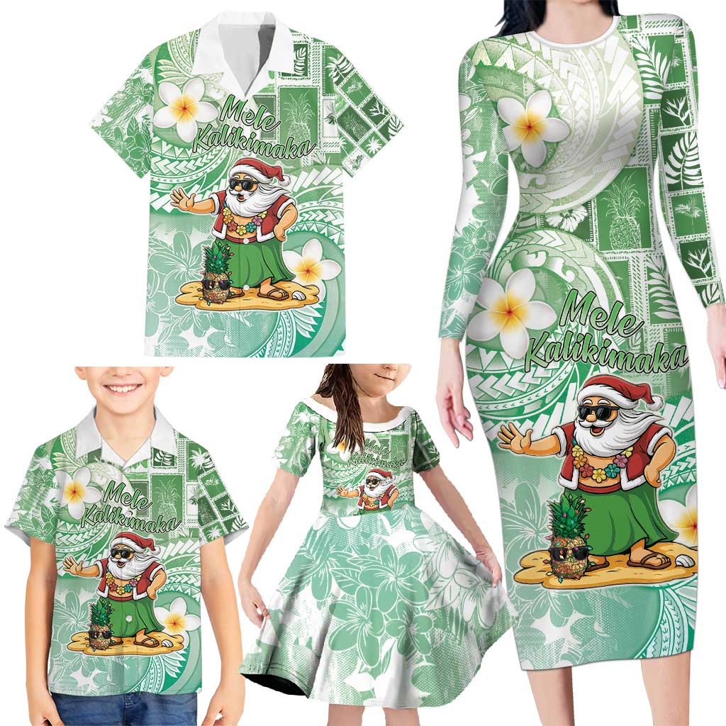 Hawaii Mele Kalikimaka Family Matching Long Sleeve Bodycon Dress and Hawaiian Shirt Hula Santa Retro Style Green - Polynesian Pride