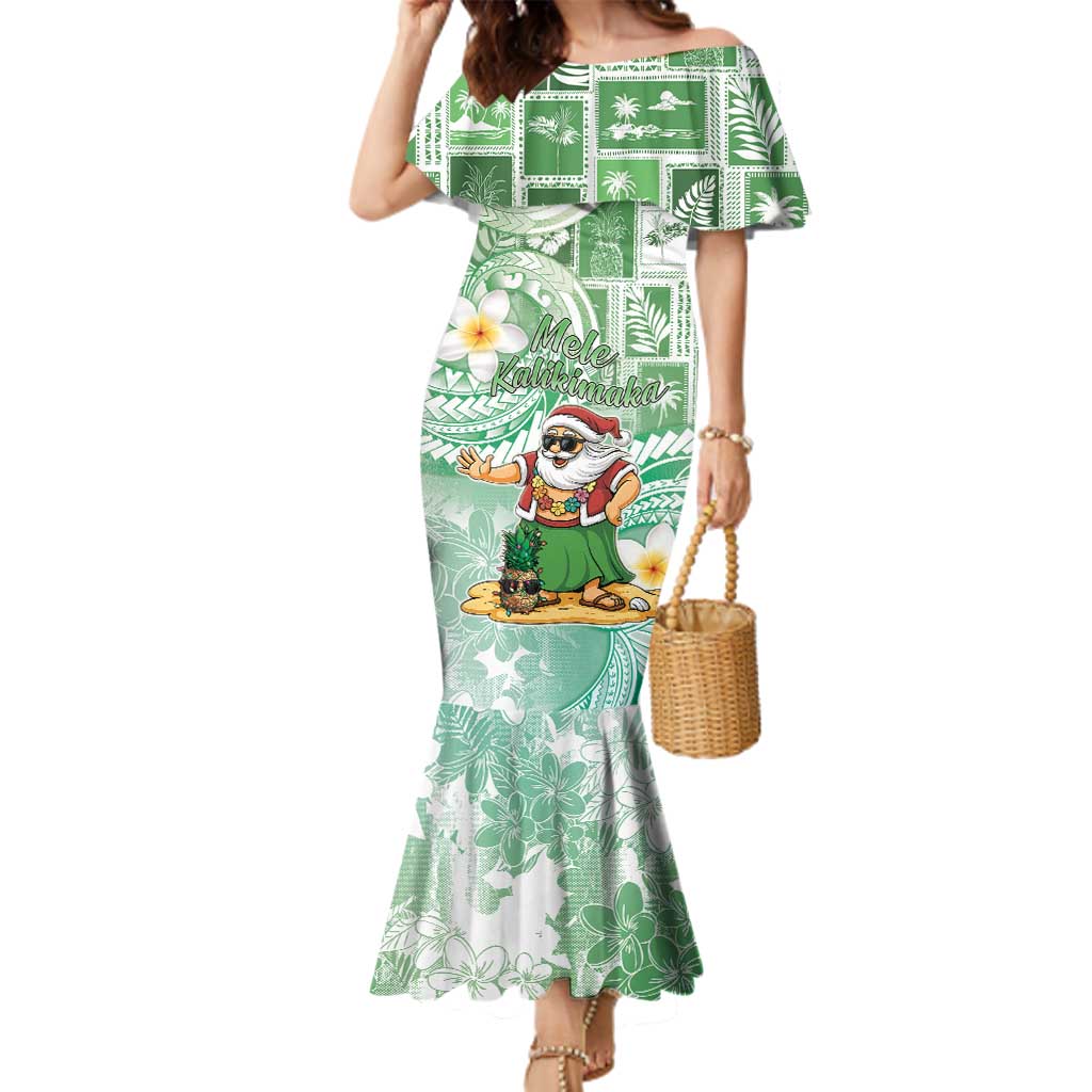 Hawaii Mele Kalikimaka Family Matching Mermaid Dress and Hawaiian Shirt Hula Santa Retro Style Green - Polynesian Pride