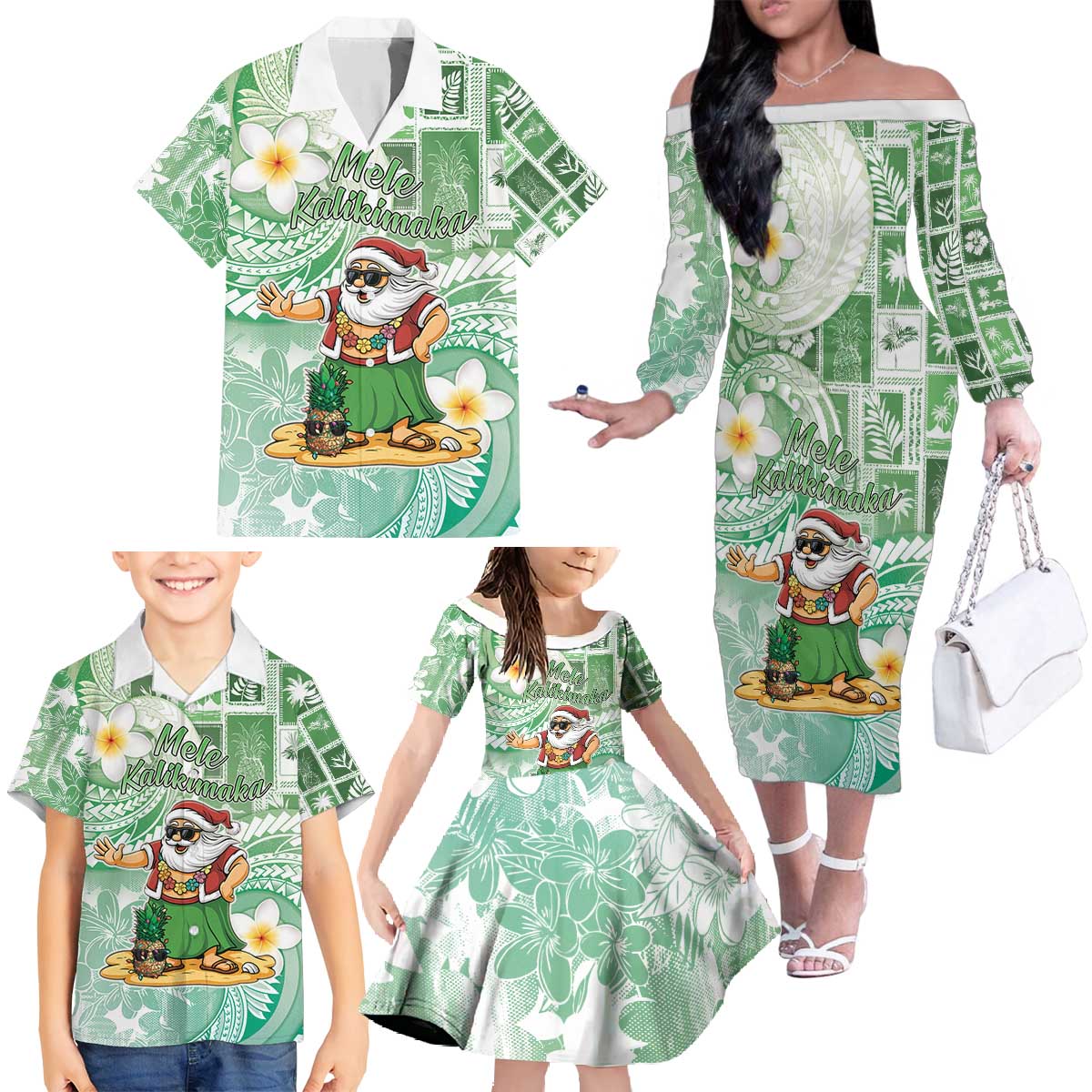 Hawaii Mele Kalikimaka Family Matching Off The Shoulder Long Sleeve Dress and Hawaiian Shirt Hula Santa Retro Style Green - Polynesian Pride