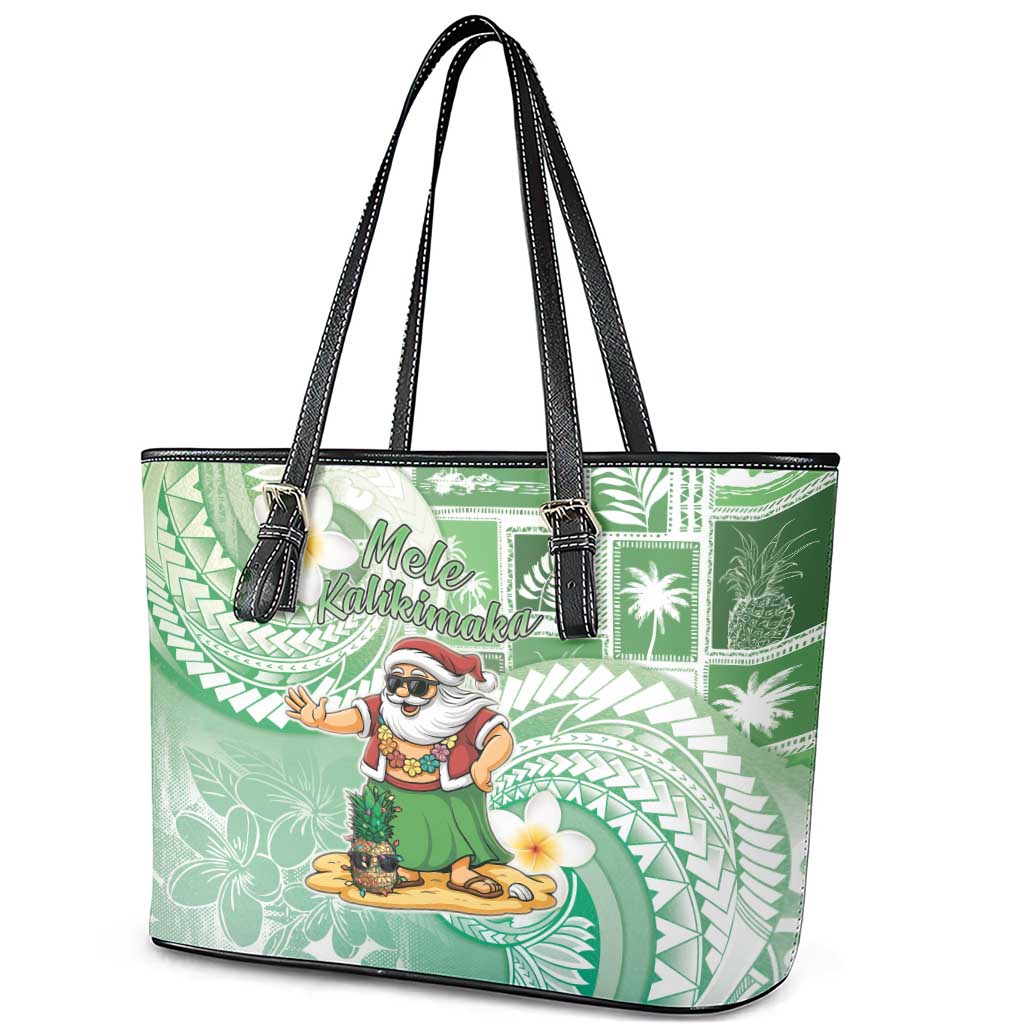 Hawaii Mele Kalikimaka Leather Tote Bag Hula Santa Retro Style Green - Polynesian Pride