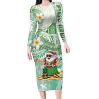 Hawaii Mele Kalikimaka Long Sleeve Bodycon Dress Hula Santa Retro Style Green - Polynesian Pride