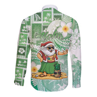 Hawaii Mele Kalikimaka Long Sleeve Button Shirt Hula Santa Retro Style Green - Polynesian Pride