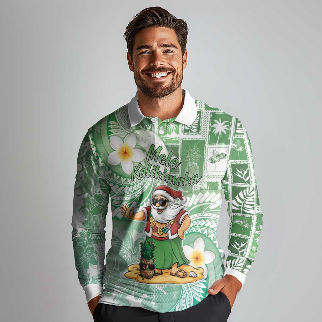 Hawaii Mele Kalikimaka Long Sleeve Polo Shirt Hula Santa Retro Style Green - Polynesian Pride